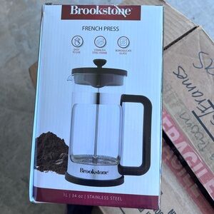 NWOT - Brookstone French Press Stainless Steel Coffee Maker - Black and Silver